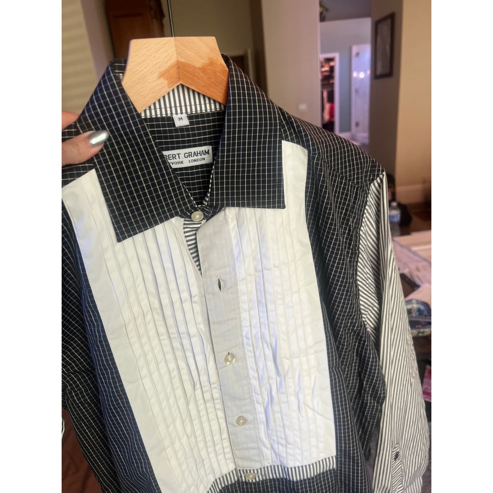 Robert Graham Tuxedo Bib Button Down Shirt Medium Handsome Daddy Old Money Chic - Picture 4 of 4